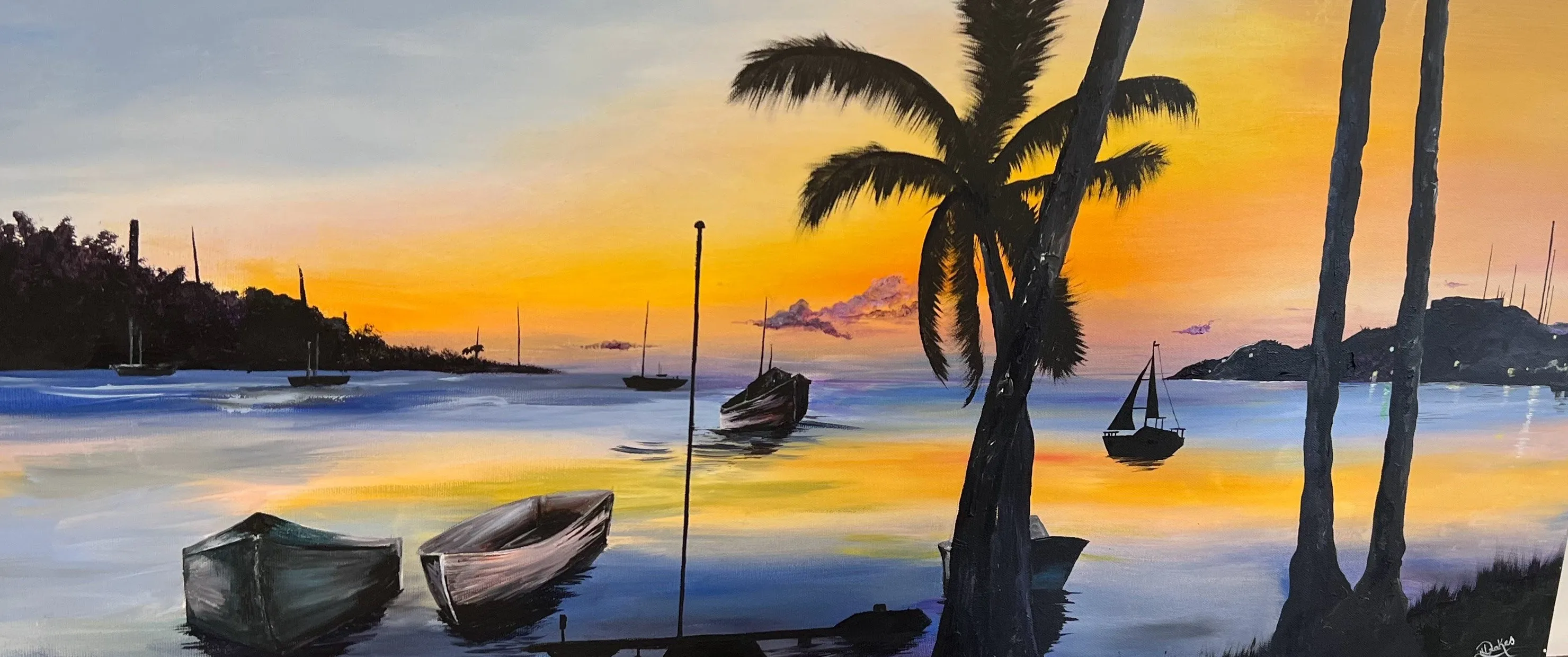 An original Urban Arts canvas: fishing boats moored under palms at a Grenadian sunset